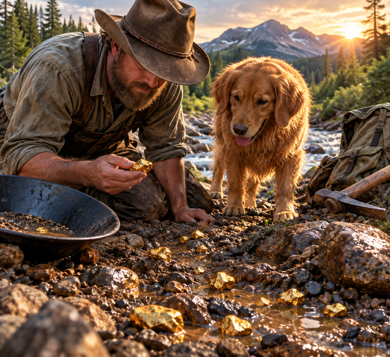 Prospector panning for gold with a golden retriever