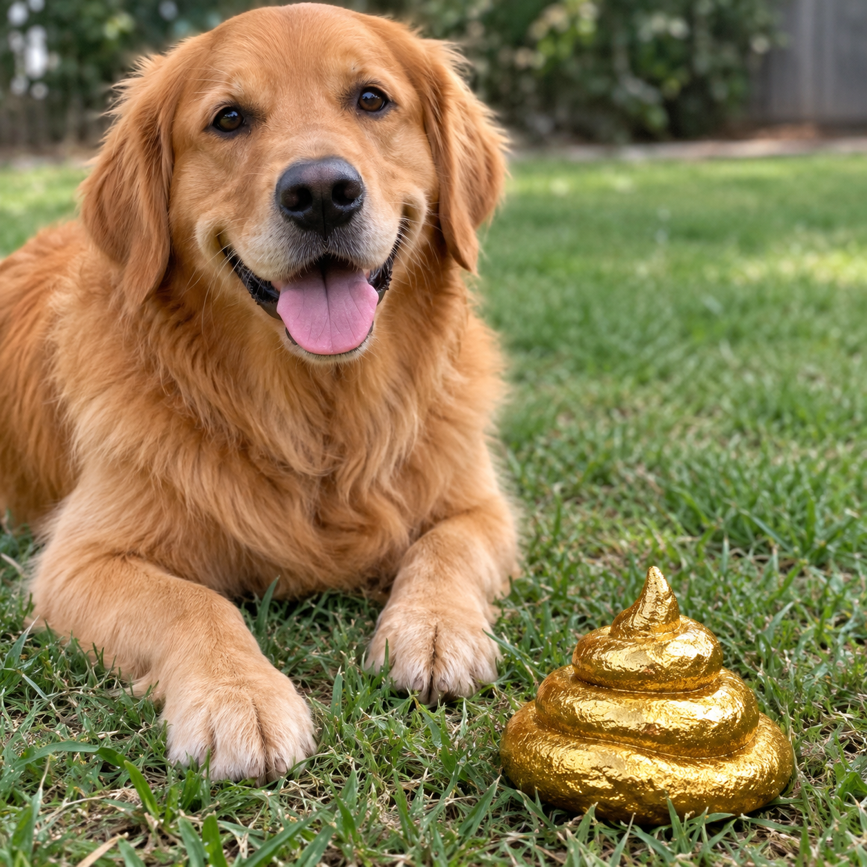 Happy golden retriever with a gold nugget — the Rover Gold Nuggets mascot